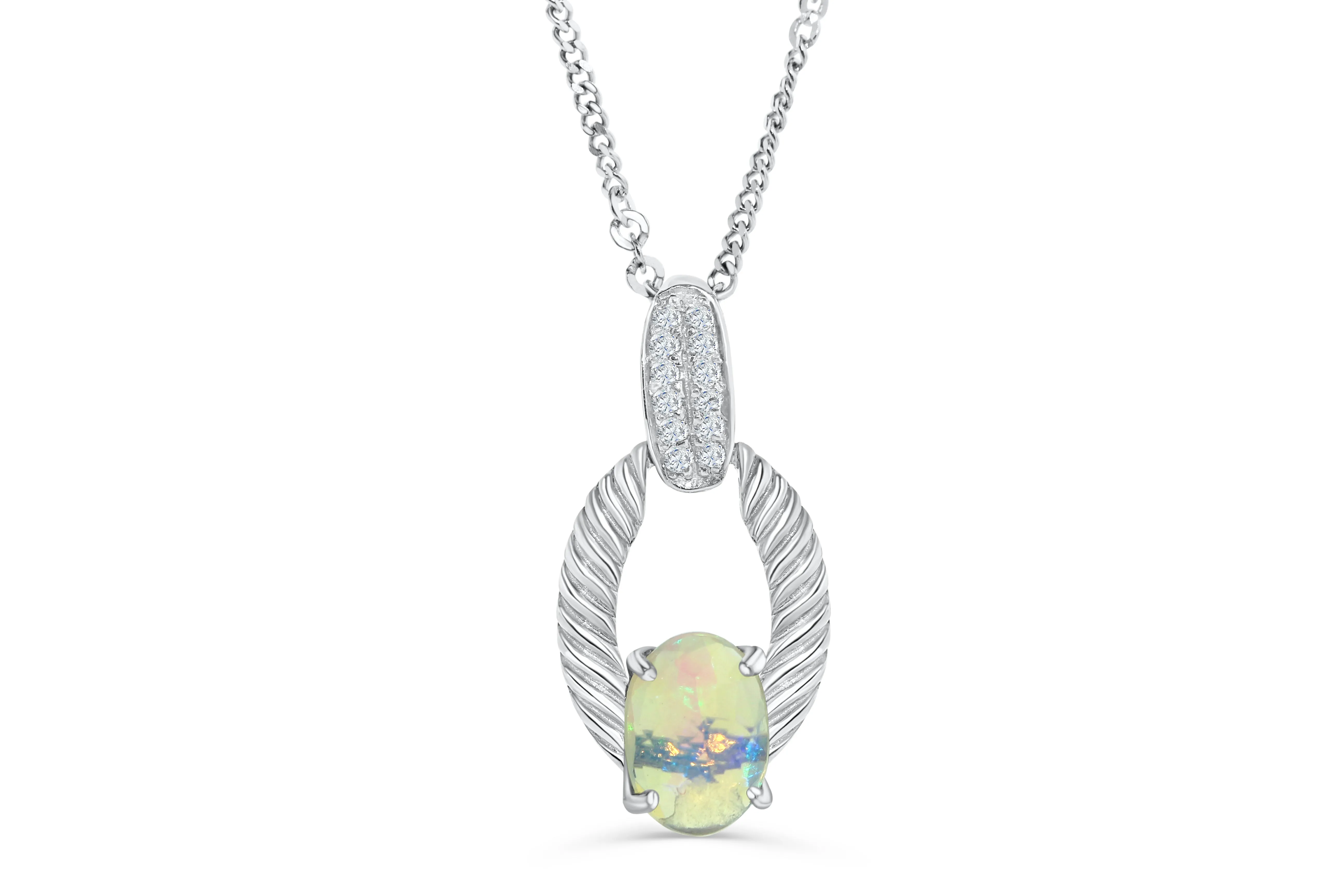 0.77 CT Oval Opal Diamond Pendant 0.26 CT TW 14K White Gold OPEN006