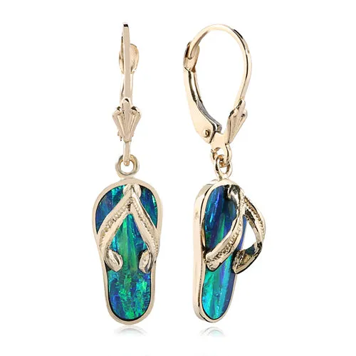 14K Yellow Gold Opal Inlaid Slipper (Flip Flop) Lever Back Earrings