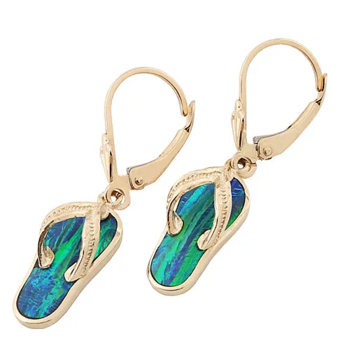 14K Yellow Gold Opal Inlaid Slipper (Flip Flop) Lever Back Earrings