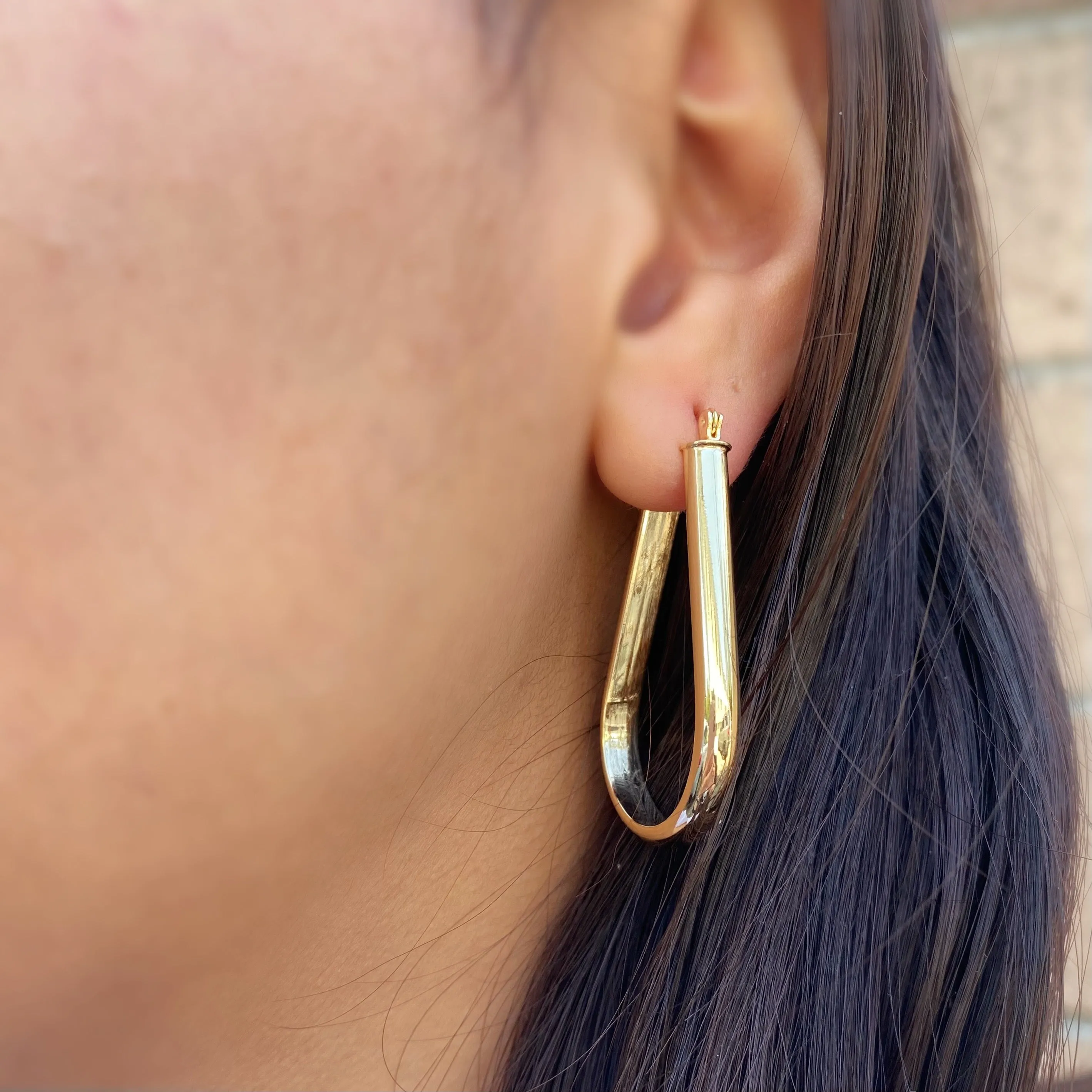 18k Gold Filled long Drop Shaped Hoop  Earrings