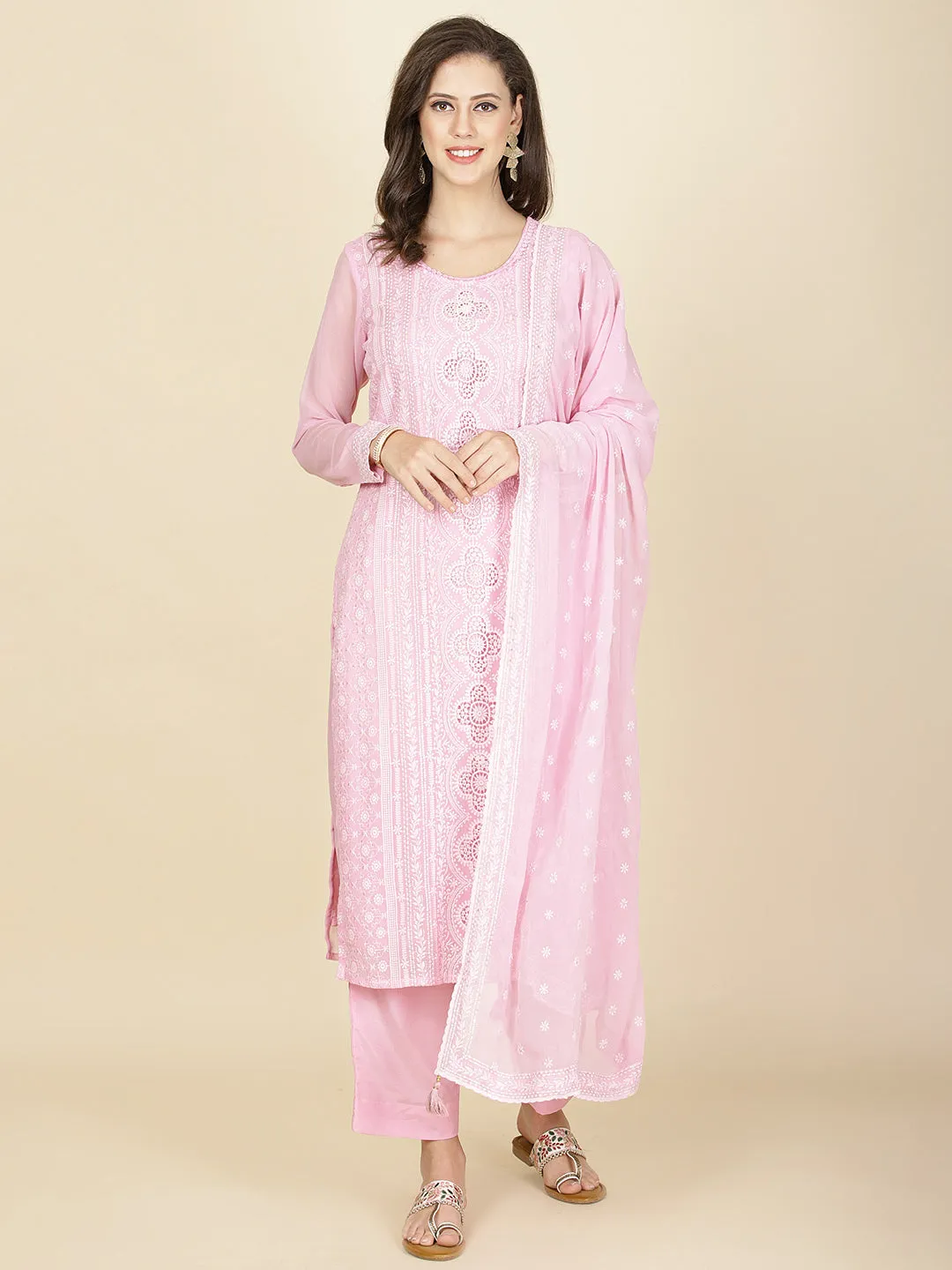 All Over Embroidered Georgette Kurta With Pants & Dupatta