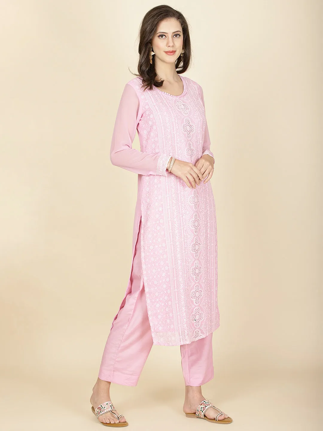 All Over Embroidered Georgette Kurta With Pants & Dupatta