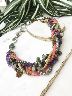 Amethyst, moss agate and coral mingle necklace