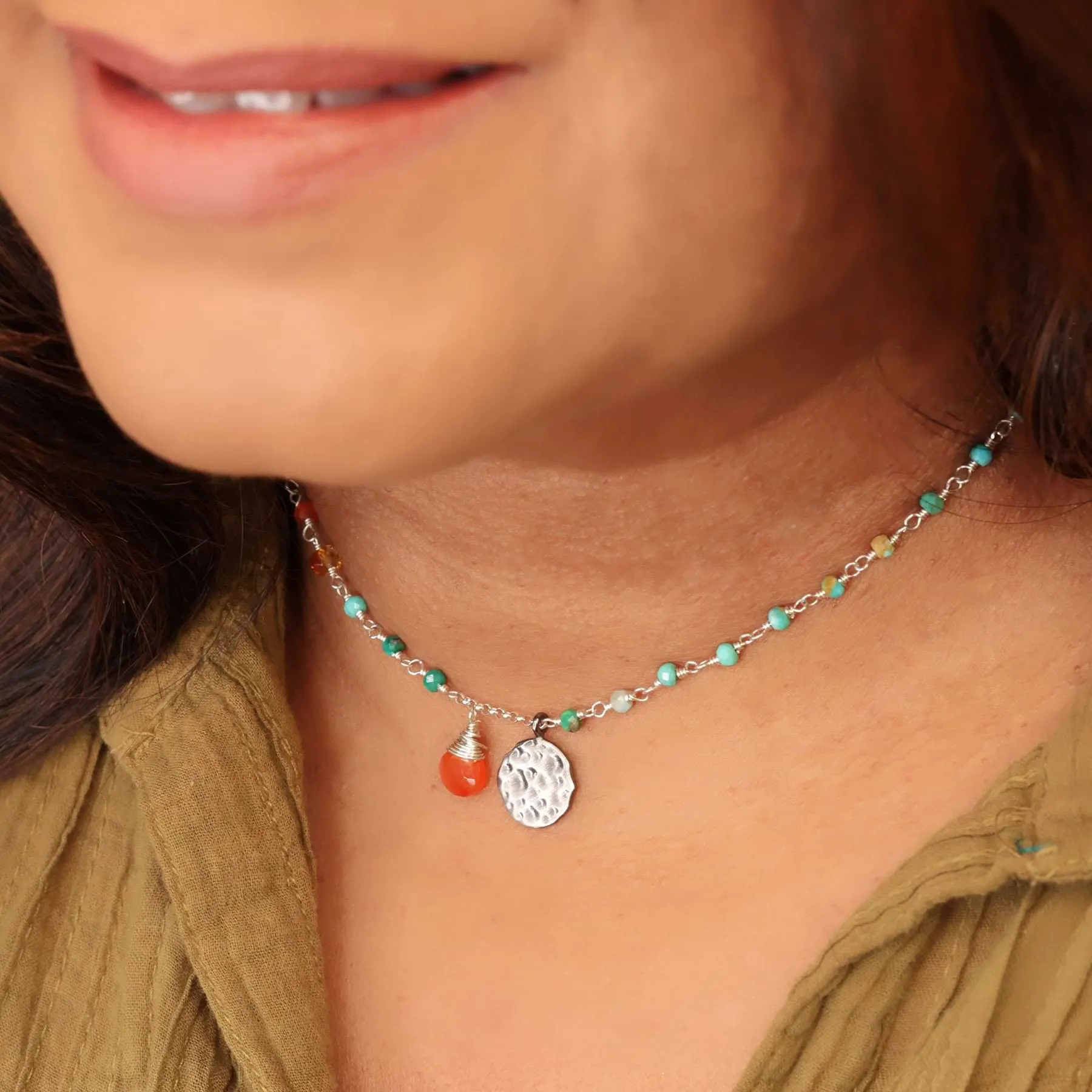 Autumn on the Beach - Turquoise Citrine and Carnelian Sterling Silver Necklace