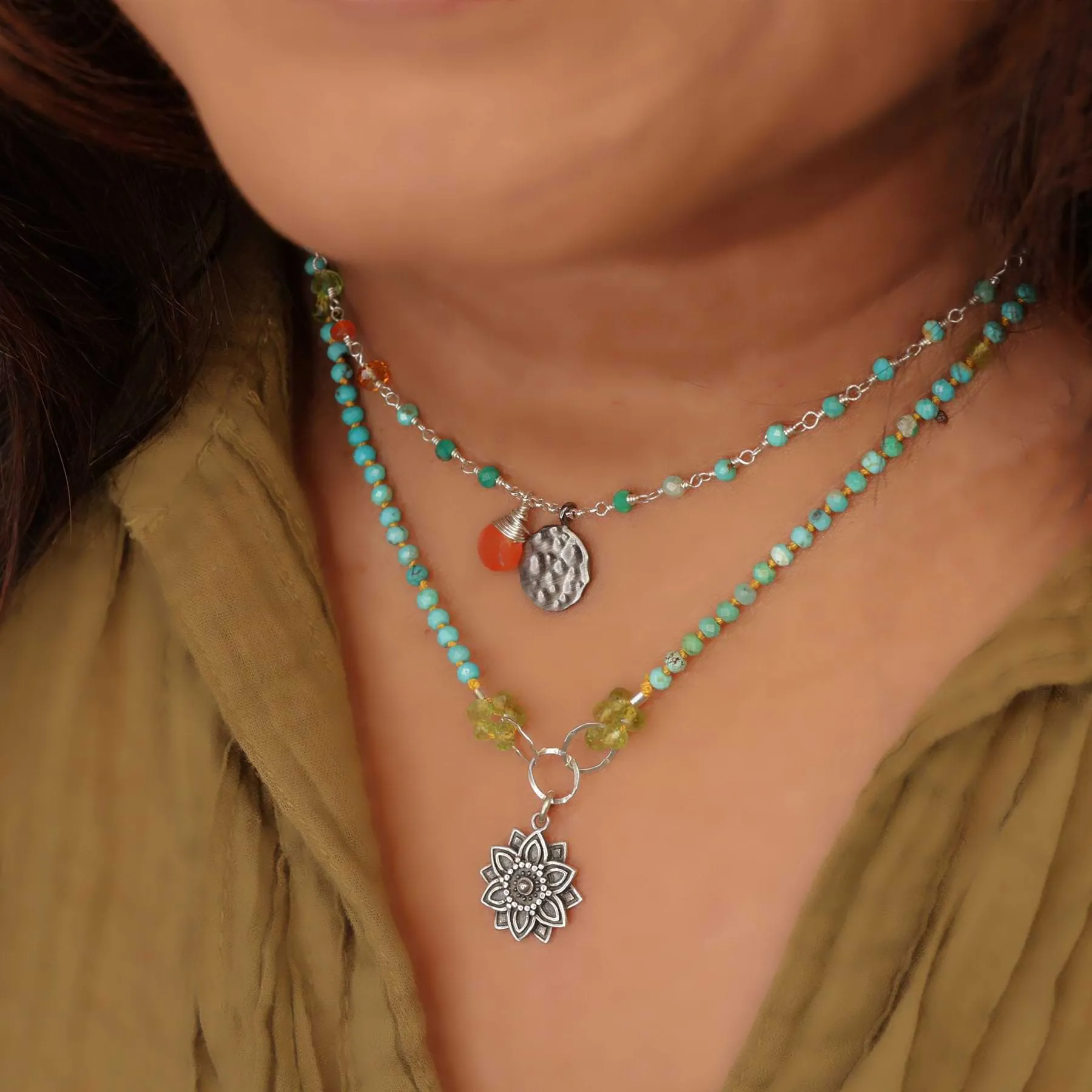 Autumn on the Beach - Turquoise Citrine and Carnelian Sterling Silver Necklace