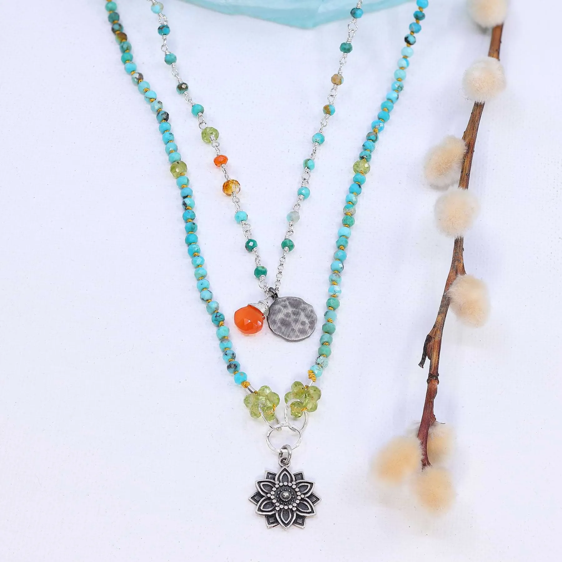 Autumn on the Beach - Turquoise Citrine and Carnelian Sterling Silver Necklace