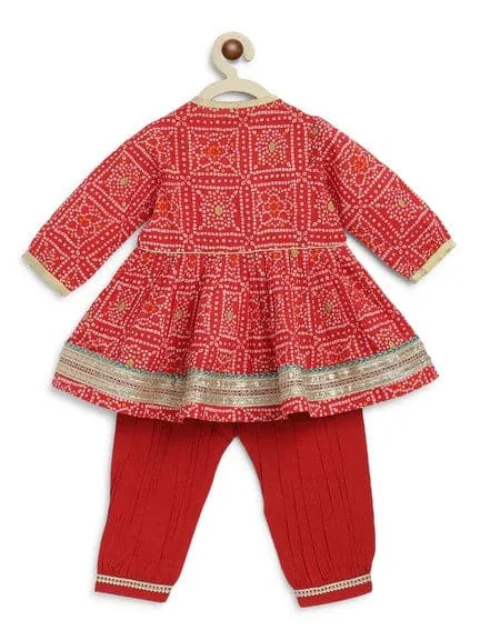 Baby Girl Bandhani Cotton Angrakha Suit Set - Red