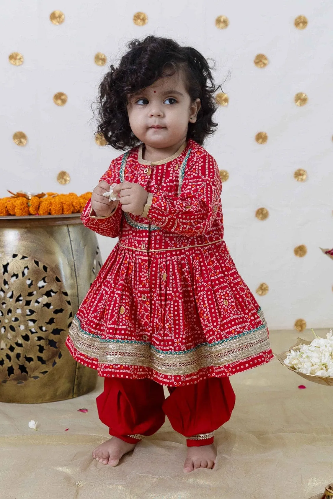 Baby Girl Bandhani Cotton Angrakha Suit Set - Red