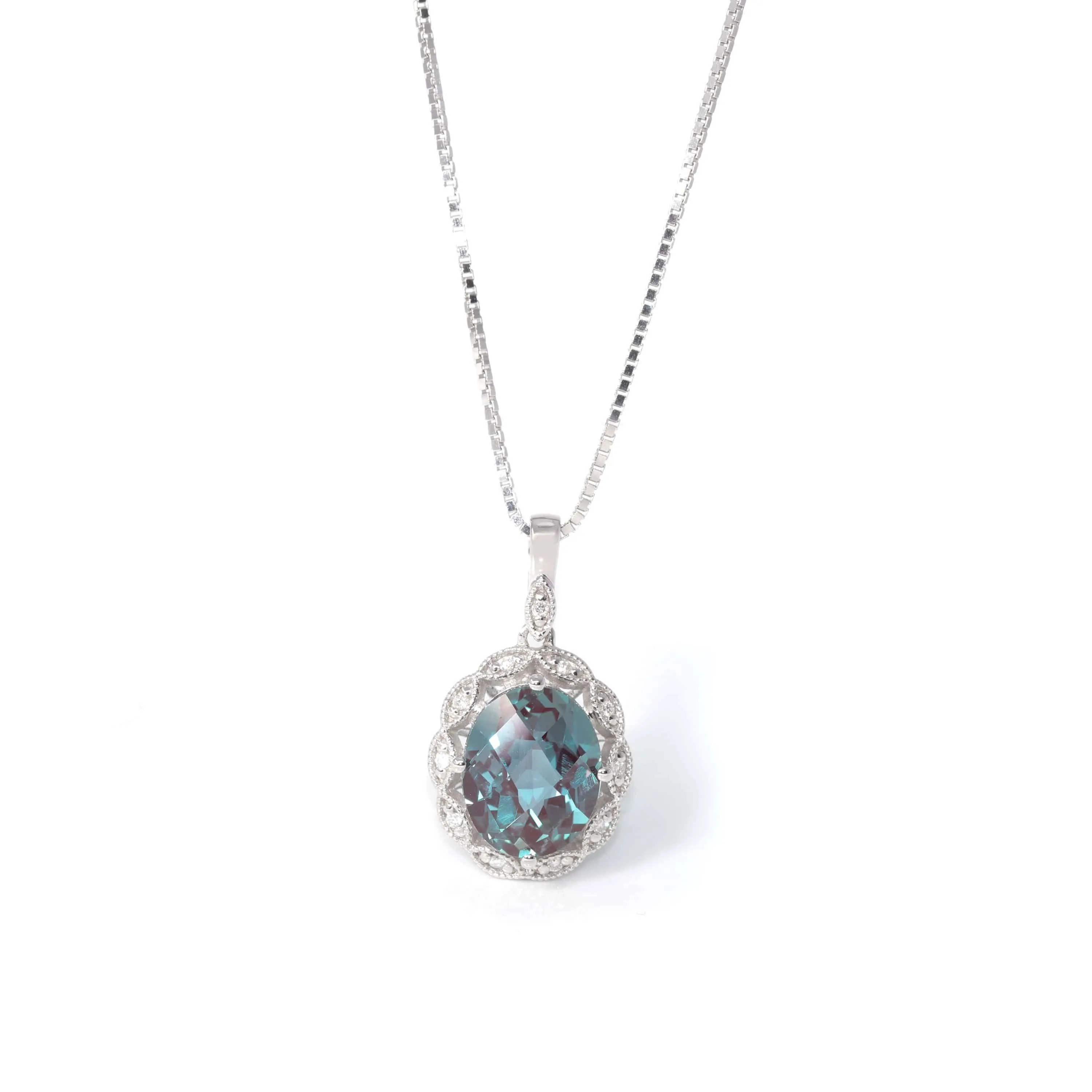 Baikalla? 14k White Gold Lab Created Alexandrite Faceted Oval Prong Set Necklace With Diamonds