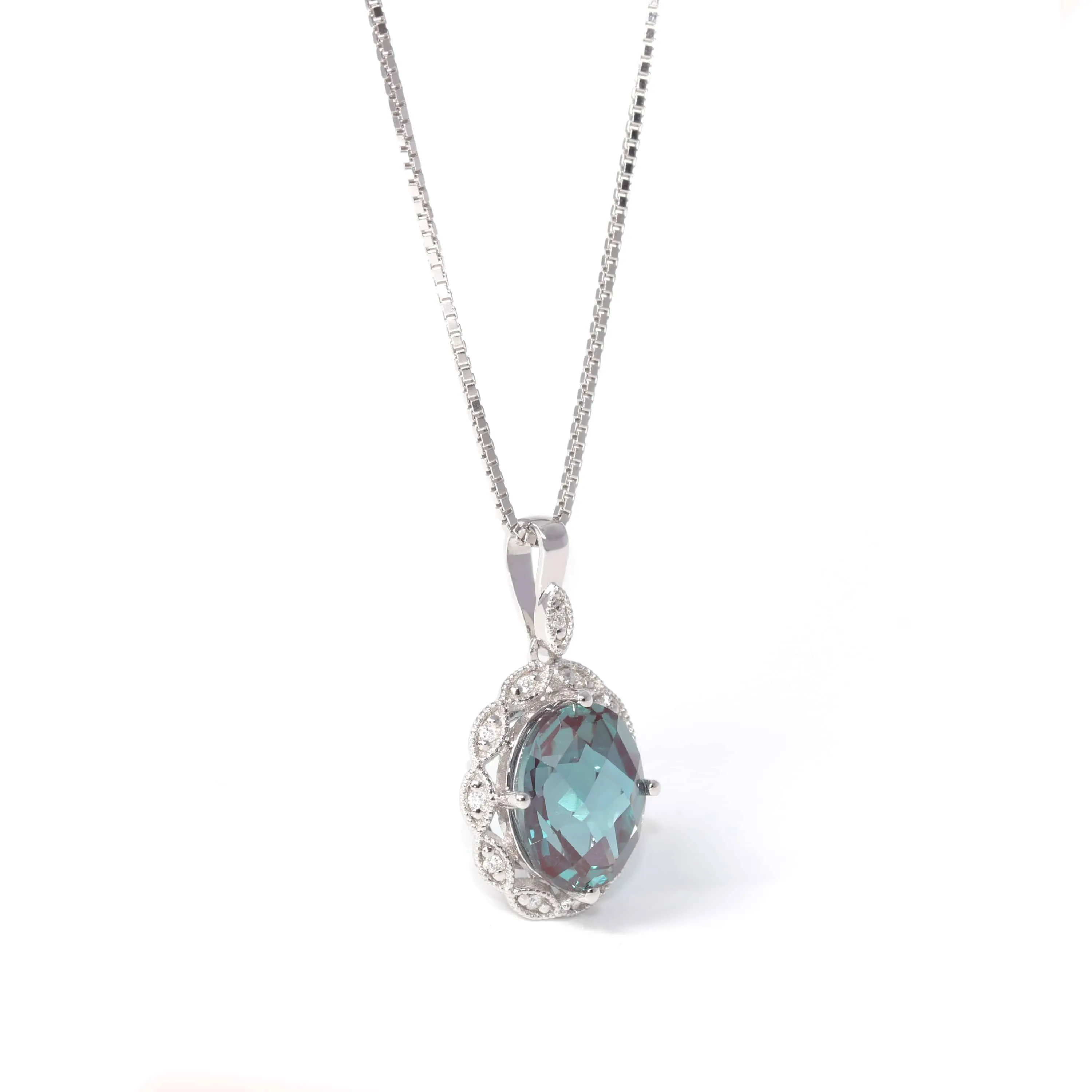 Baikalla? 14k White Gold Lab Created Alexandrite Faceted Oval Prong Set Necklace With Diamonds