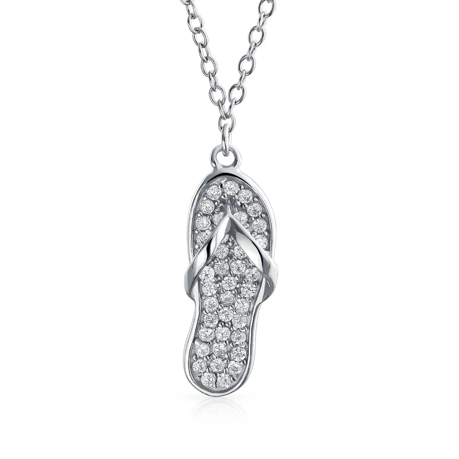 Beach Flip Flop Sandal Pink Pendant CZ .925 Sterling Silver Necklace