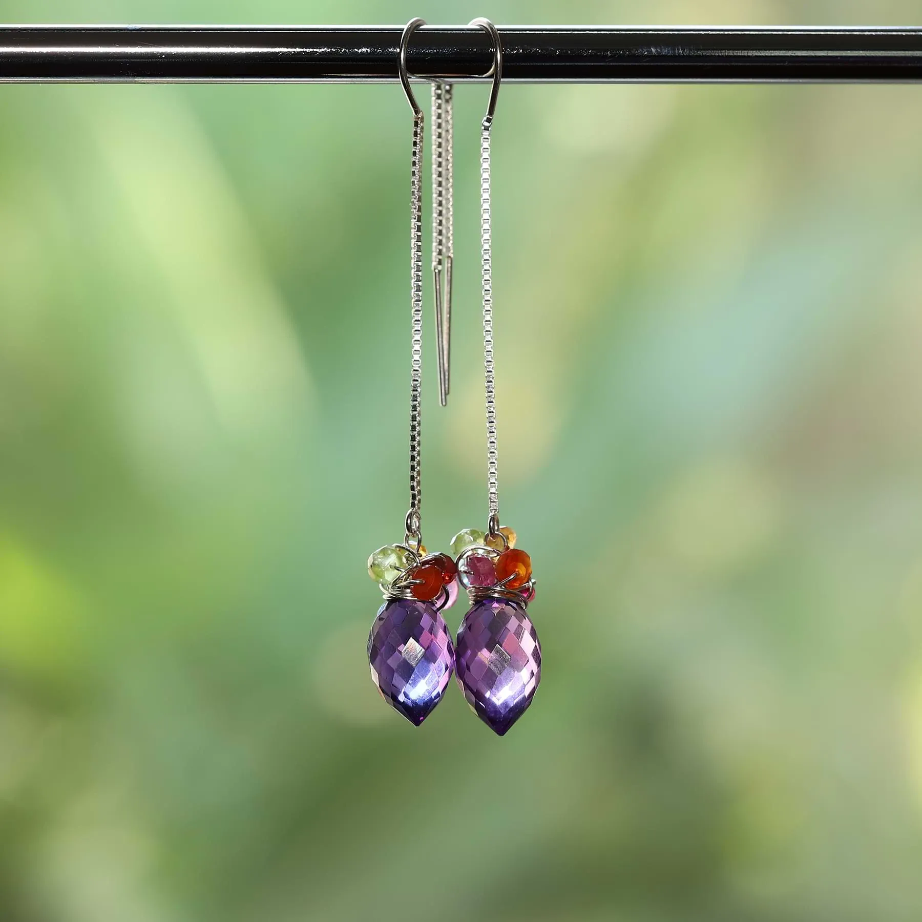 Beatrix - Amethyst Quartz Multi-Gemstone Silver Thread Earrings