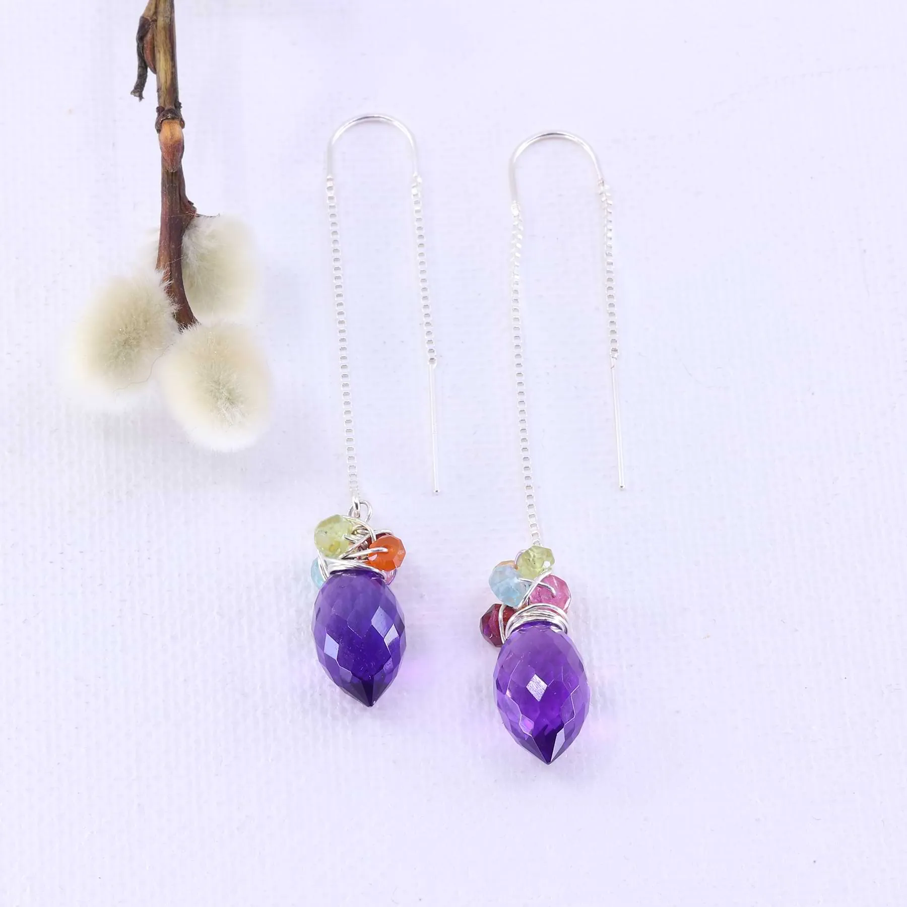 Beatrix - Amethyst Quartz Multi-Gemstone Silver Thread Earrings