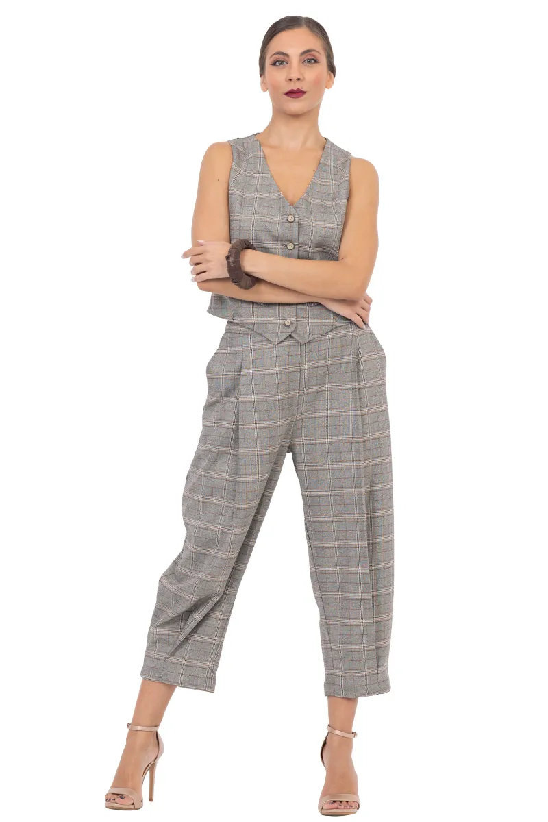 Beige Checked Women's Tailored Trousers