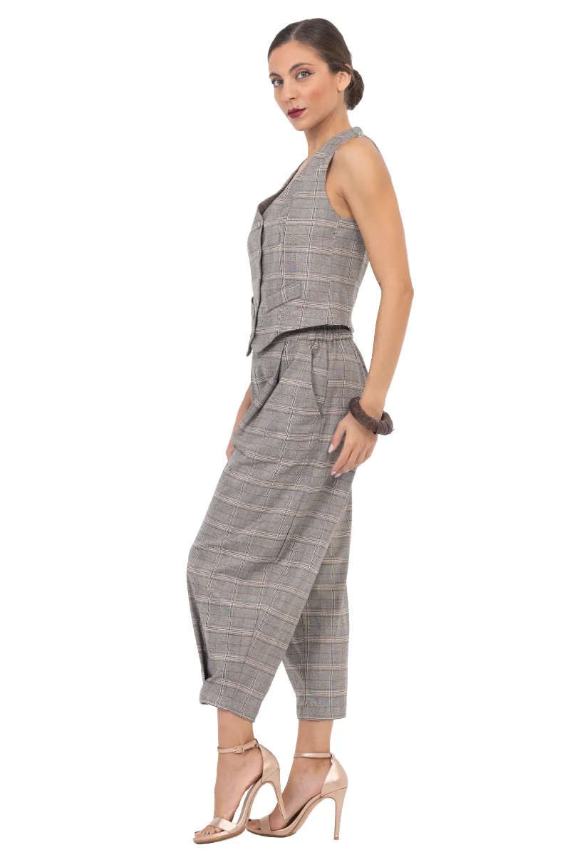 Beige Checked Women's Tailored Trousers