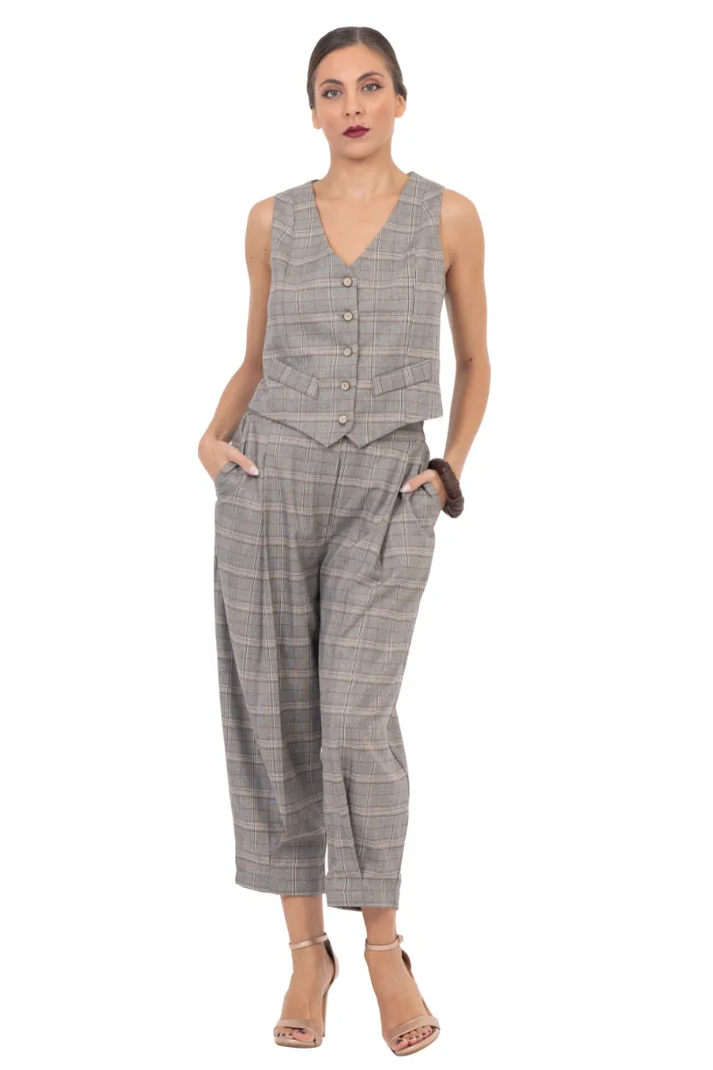 Beige Checked Women's Tailored Trousers