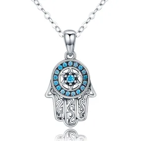 Blue Crystal Star of David Hamsa Hand Pendant Necklace Sterling Silver