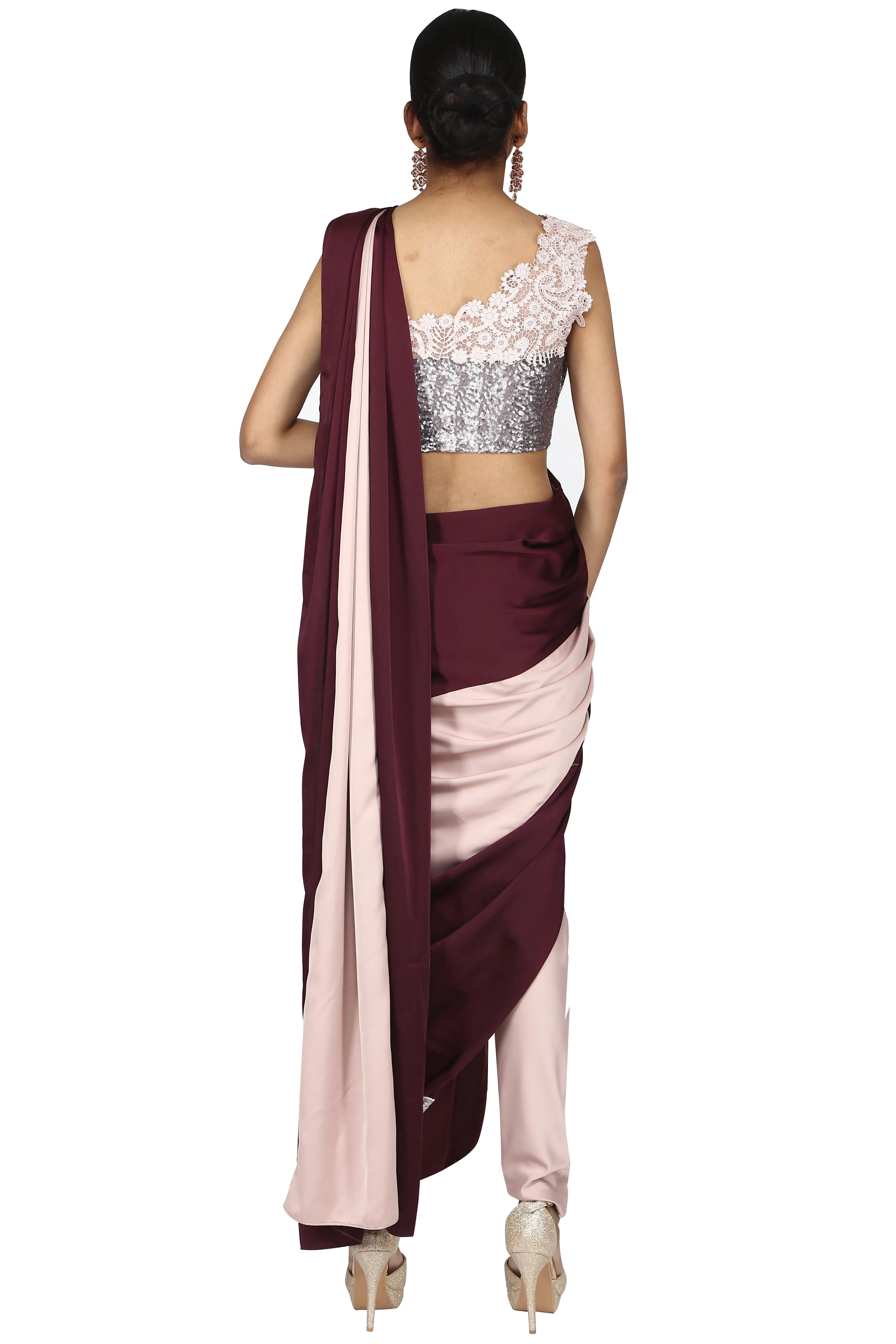 Blush Pink & Wine Pre-Stitched Saree.