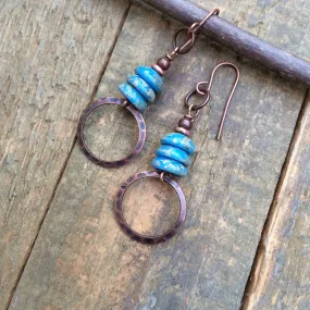 Bohemian Blue Earrings, Earthy Copper Earrings, Artsy Copper Jewelry, Blue Jewelry, Copper Dangle Earrings, Blue Czech Glass Earrings