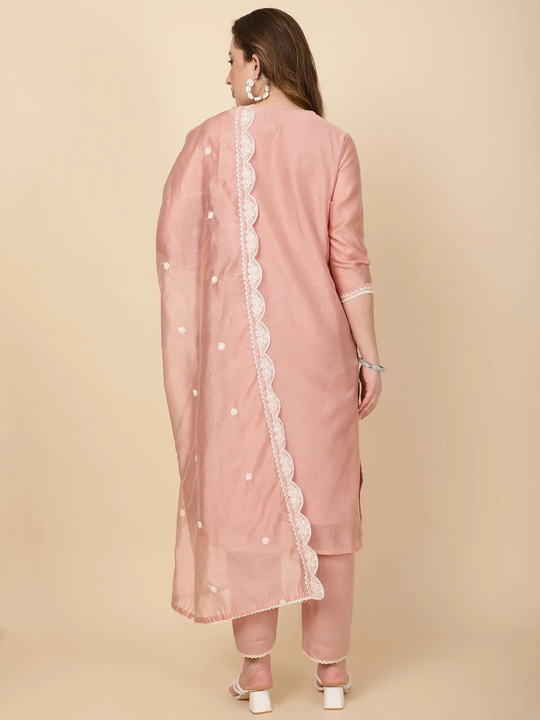 Booti Embroidery Chanderi Kurta With Pants & Dupatta