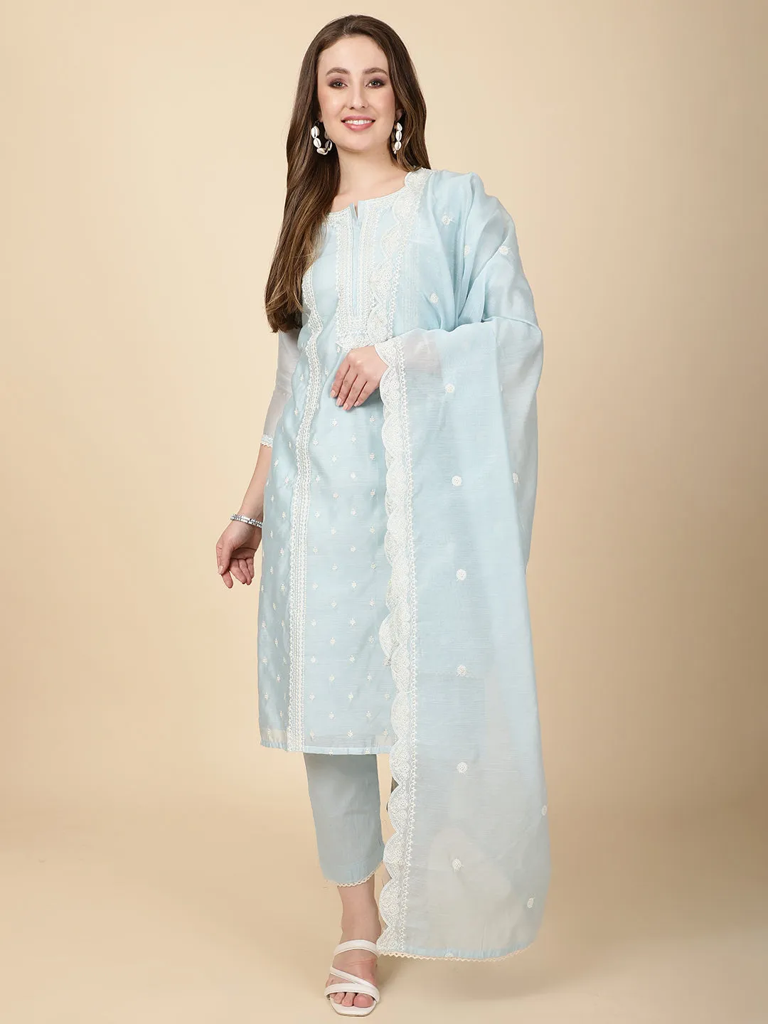 Booti Embroidery Chanderi Kurta With Pants & Dupatta