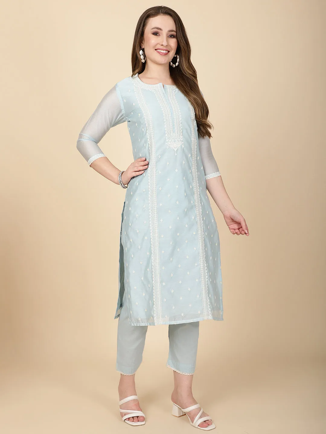 Booti Embroidery Chanderi Kurta With Pants & Dupatta