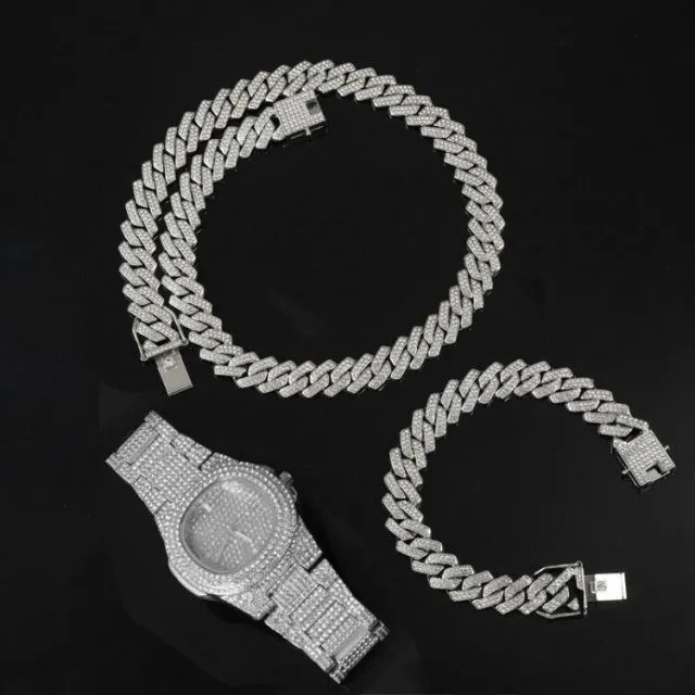 Chain  Watch Bracelet Iced Out Paved Rhinestones CZ Bling Set For Men