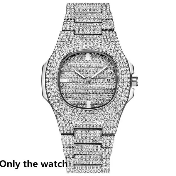 Chain  Watch Bracelet Iced Out Paved Rhinestones CZ Bling Set For Men