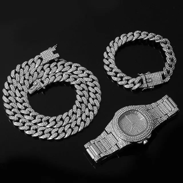 Chain  Watch Bracelet Iced Out Paved Rhinestones CZ Bling Set For Men