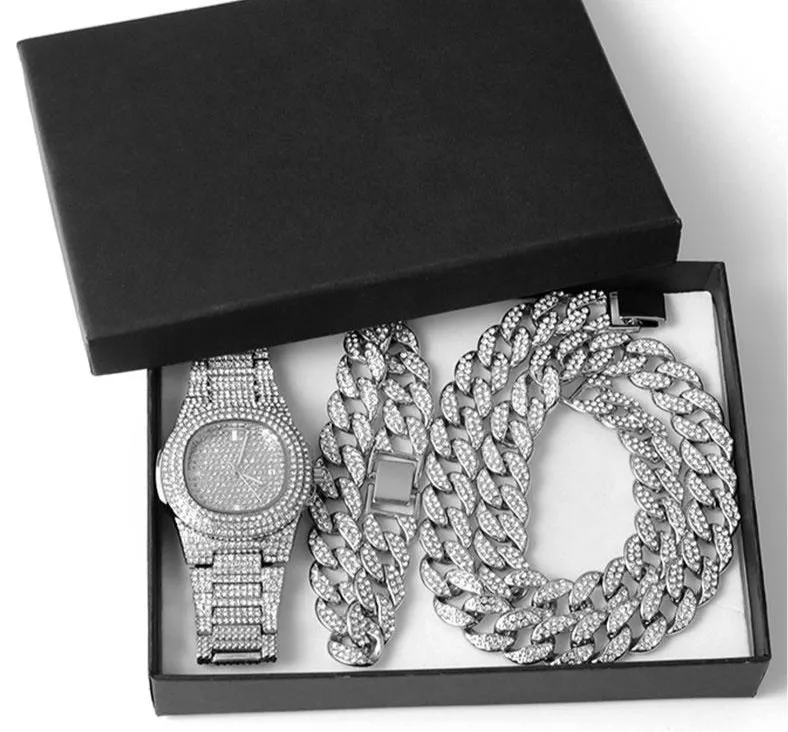 Chain  Watch Bracelet Iced Out Paved Rhinestones CZ Bling Set For Men