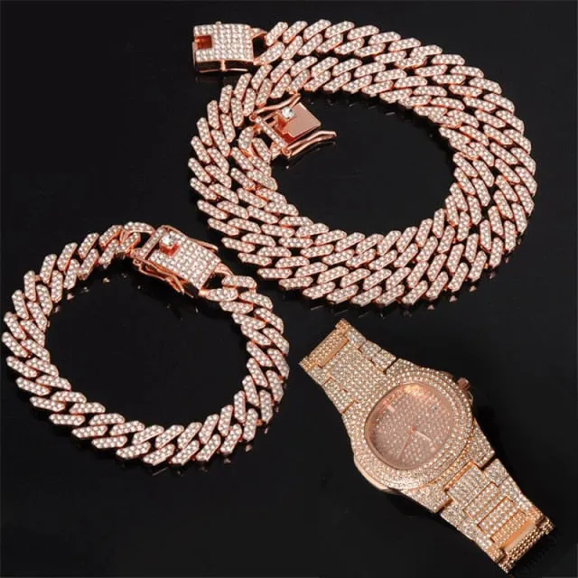 Chain  Watch Bracelet Iced Out Paved Rhinestones CZ Bling Set For Men