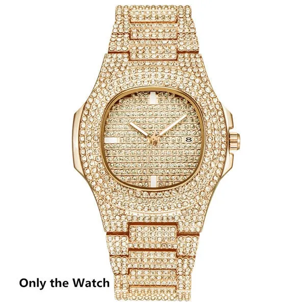 Chain  Watch Bracelet Iced Out Paved Rhinestones CZ Bling Set For Men