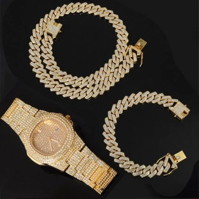 Chain  Watch Bracelet Iced Out Paved Rhinestones CZ Bling Set For Men