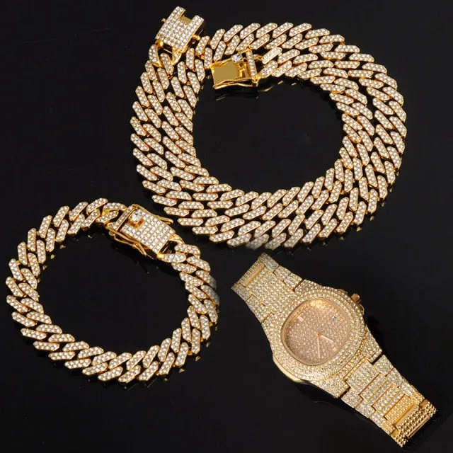 Chain  Watch Bracelet Iced Out Paved Rhinestones CZ Bling Set For Men