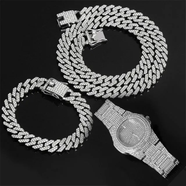 Chain  Watch Bracelet Iced Out Paved Rhinestones CZ Bling Set For Men