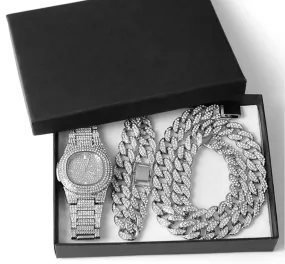 Chain  Watch Bracelet Iced Out Paved Rhinestones CZ Bling Set For Men