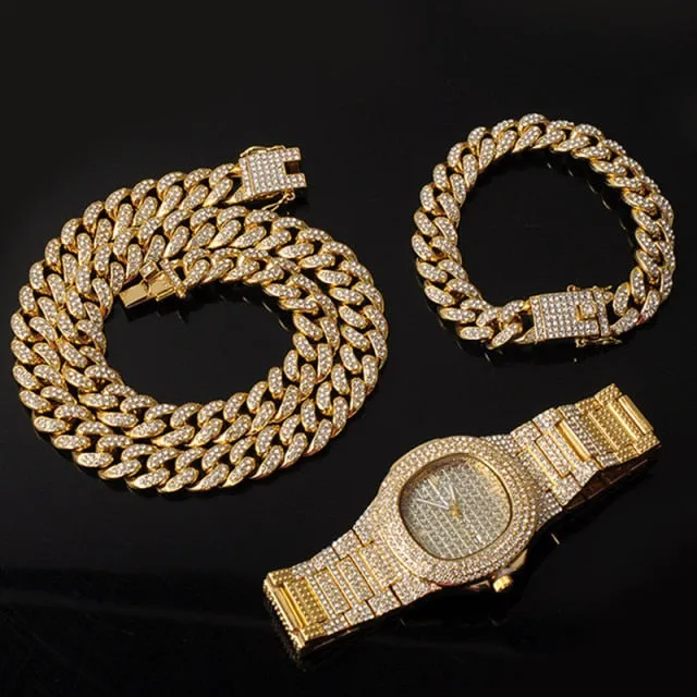 Chain  Watch Bracelet Iced Out Paved Rhinestones CZ Bling Set For Men