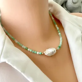 Chrysoprase Necklace with Freshwater Baroque Pearl, Gold Filled Details, 17.5inches