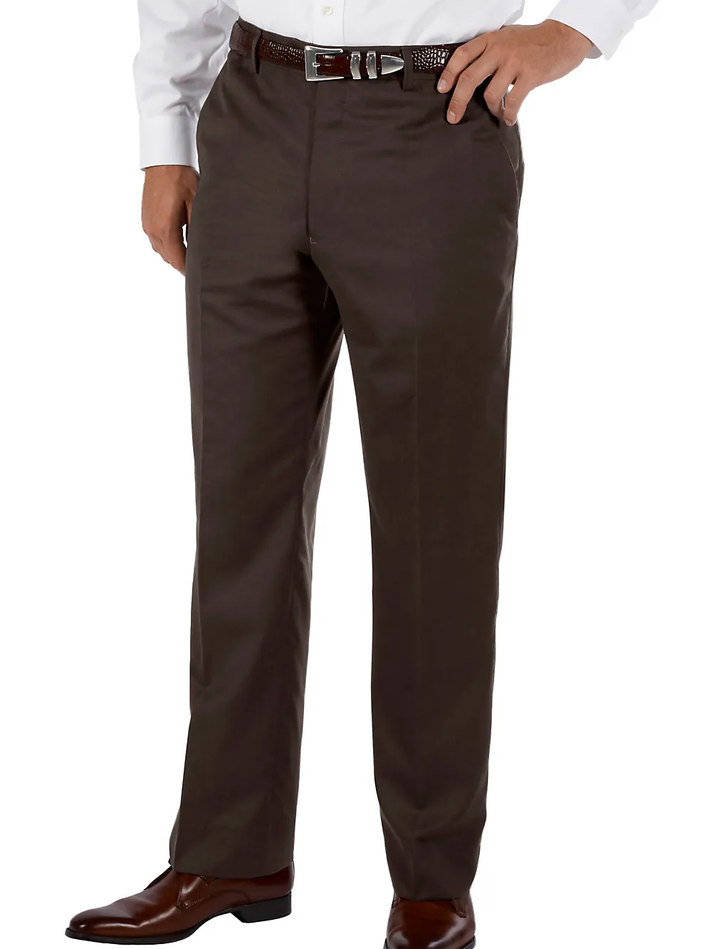 Classic Fit Wool Gabardine Flat Front Pants - Chocolate