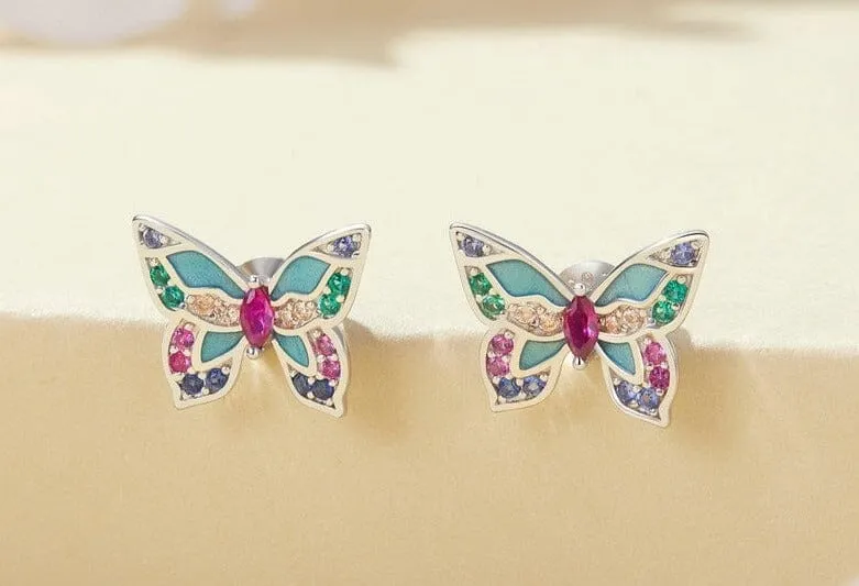 Colorful Butterfly Silver Stud Earrings