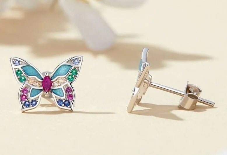 Colorful Butterfly Silver Stud Earrings