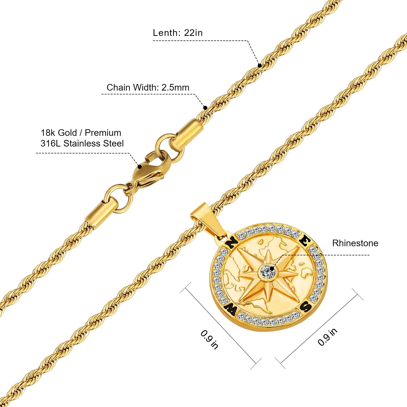 Compass Coin Pendant Necklace for Men CPDT