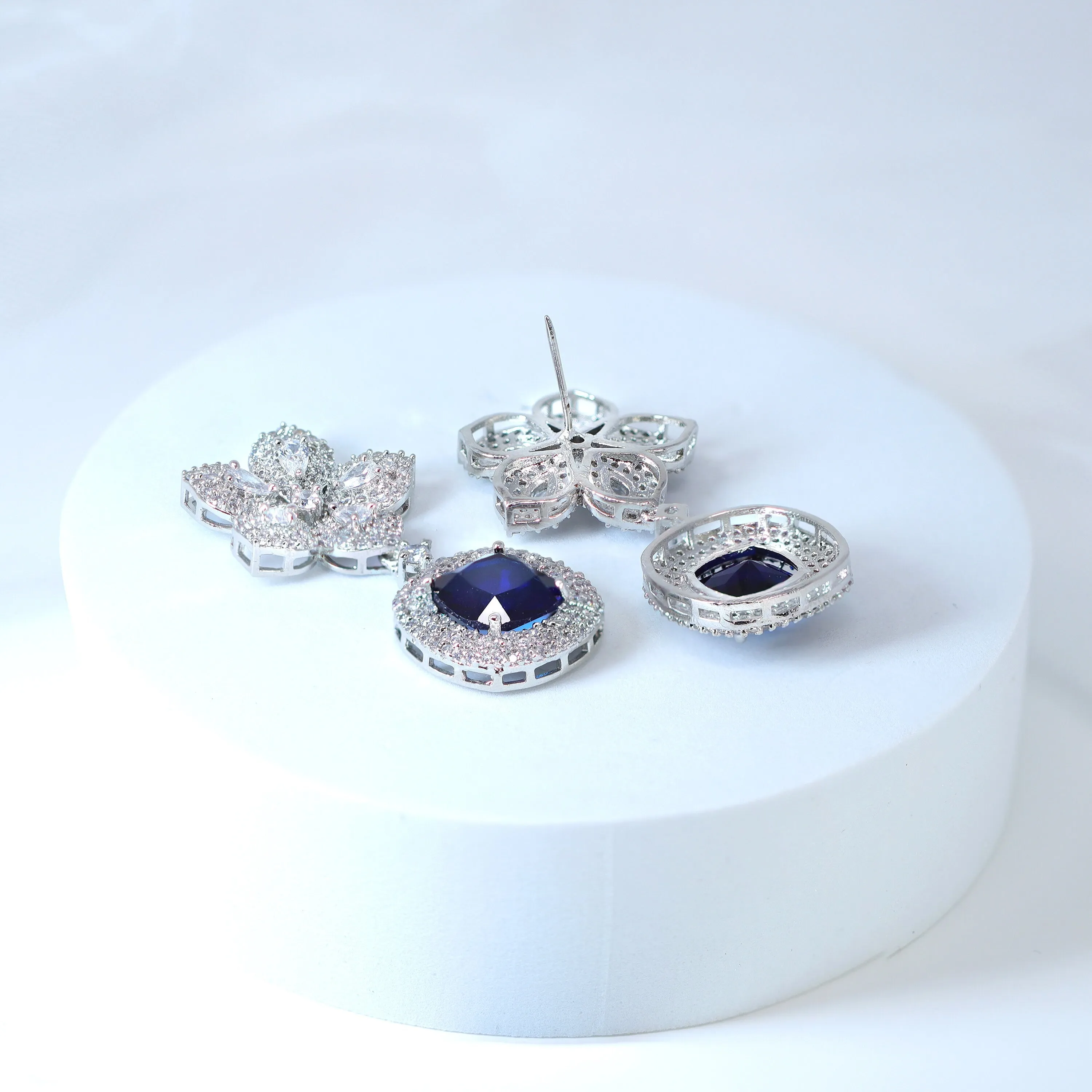 Cz Floral Sapphire Colored Crystal/Blue Drop Diamond earrings Long Bridal Jewelry Bridal Earrings Crystal Bridal Earrings Statement earrings