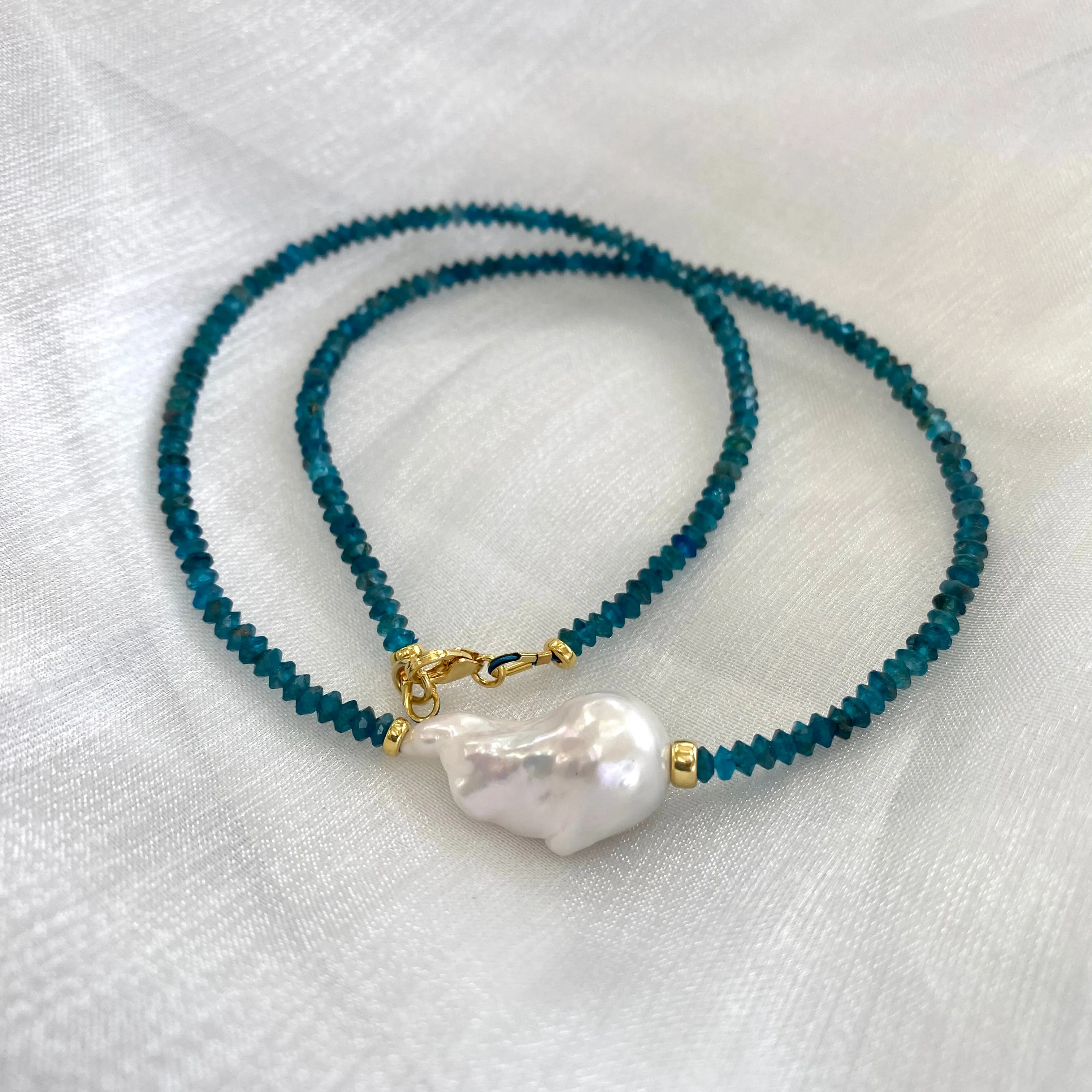 Dainty Blue Apatite & White Baroque Pearl Beaded Necklace, Gold Vermeil, 17inches