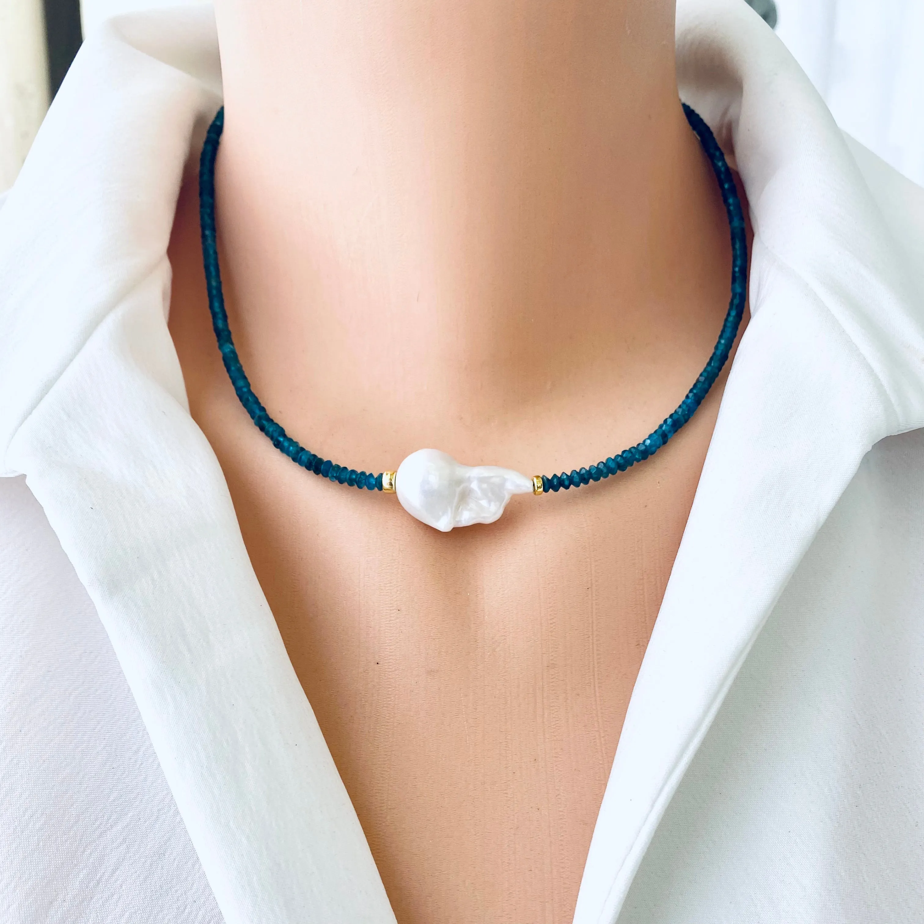 Dainty Blue Apatite & White Baroque Pearl Beaded Necklace, Gold Vermeil, 17inches