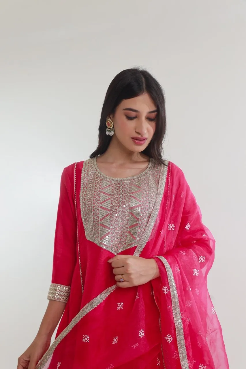 Dark Pink Chanderi Straight Set