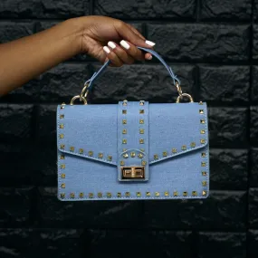 denim gold studded handbag