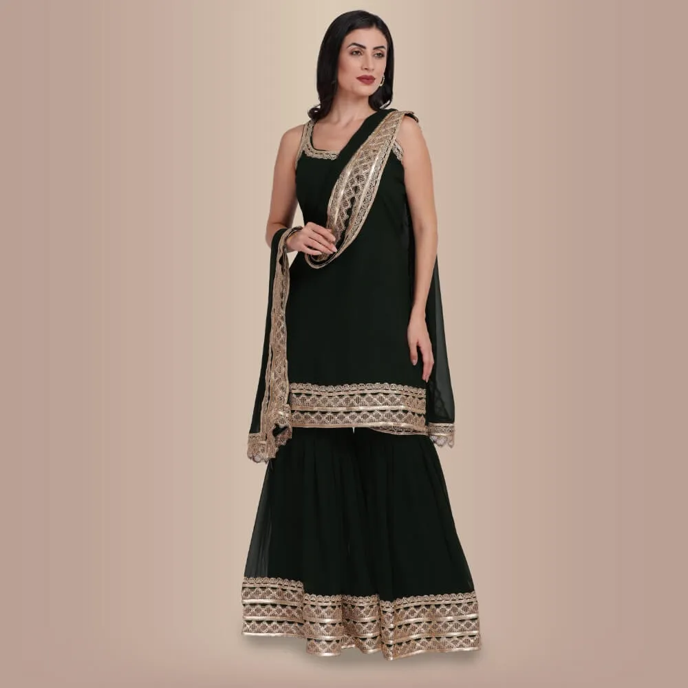 Elegant Garara Set with Gold Accent - Dark Green