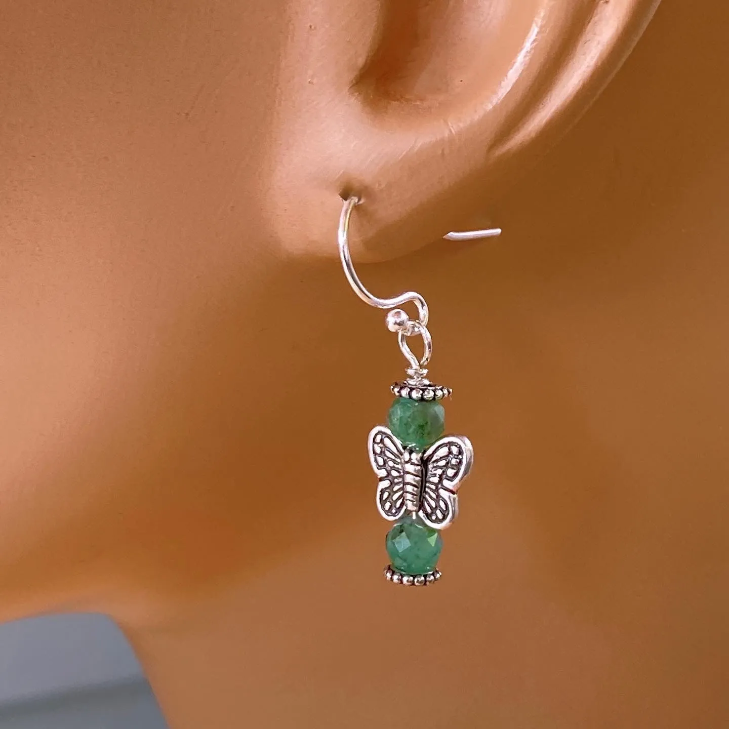 Emeralds and Sterling Silver Butterfly dangle and drop Earrings