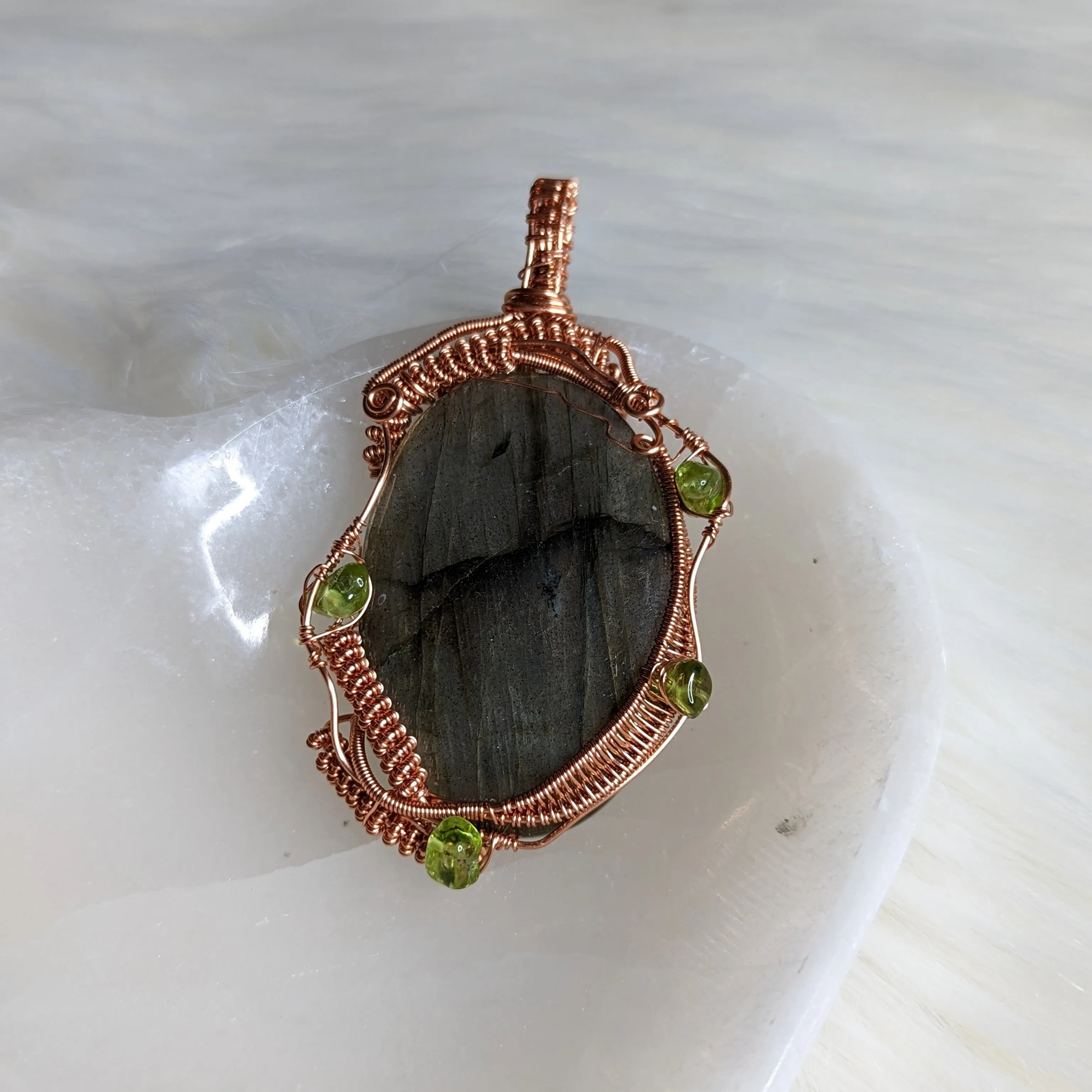 Exquisite Copper Wire Wrapped Large FLASHY Labradorite Pendant with Peridot accents